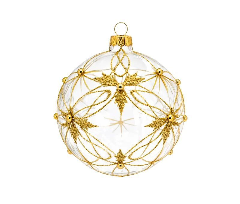 Boule de Noël verre transparent motif étoiles dorées pailletées perles dorées Ø8cm