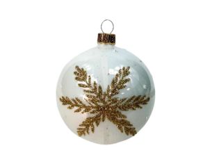 Boule de Noël verre blanc motif flocon doré pailleté Ø8cm