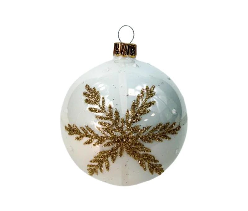 Boule de Noël verre blanc motif flocon doré pailleté Ø8cm
