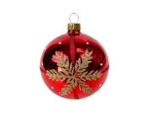 Boule de Noël verre rouge brillant motif flocon doré pailleté pois blancs ruban Ø8cm