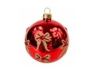 Boule de Noël verre rouge brillant motif nœuds dorés pailletés pierres rouges Ø8cm