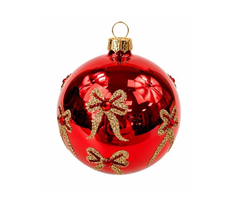 Boule de Noël verre rouge brillant motif nœuds dorés pailletés pierres rouges Ø8cm