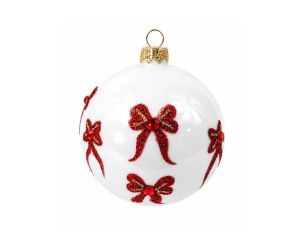 Boule de Noël verre blanc motif nœuds rouges pailletés dorés pierres rouges Ø8cm