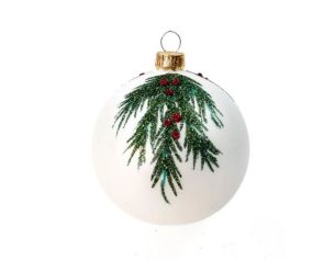 Boule de Noël verre blanc mat motif branche de sapin pailletée baies rouges Ø8cm