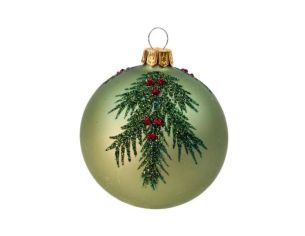 Boule de Noël verre vert sauge mat motif branche de sapin pailletée baies rouges Ø8cm