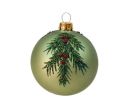 Voir la slide Boule de Noël verre vert sauge mat motif branche de sapin pailletée baies rouges Ø8cm