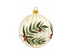Décoration Noël boule en verre crème rayures dorées motif feuillage pailleté vert baies rouges Ø8cm