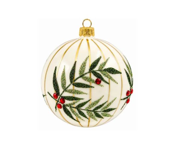 Décoration Noël boule en verre crème rayures dorées motif feuillage pailleté vert baies rouges Ø8cm