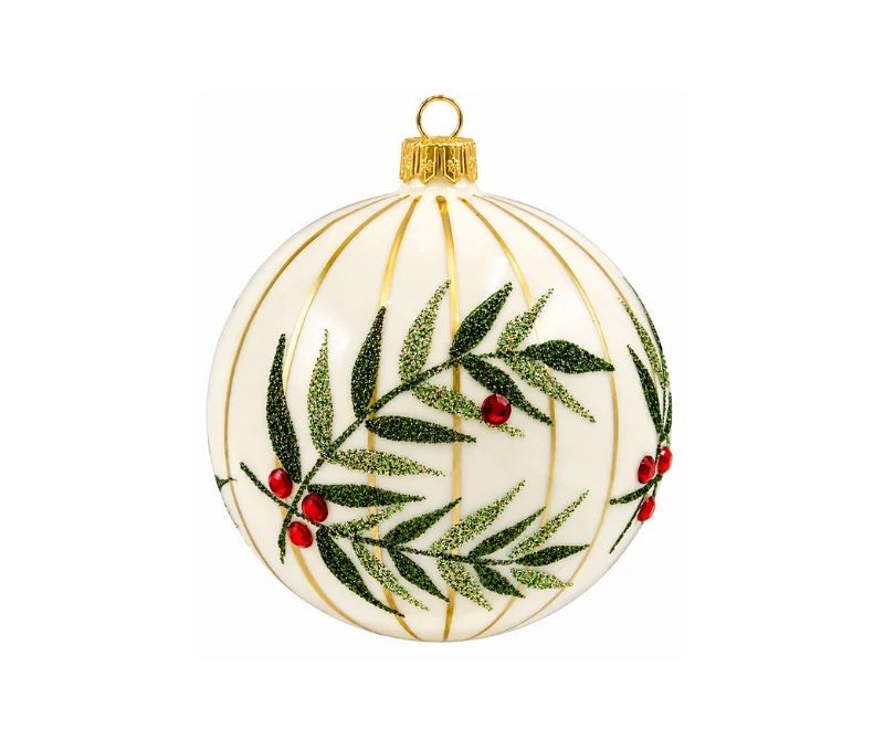 Décoration Noël boule en verre crème rayures dorées motif feuillage pailleté vert baies rouges Ø8cm