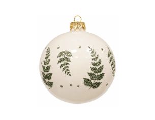 Décoration Noël boule en verre crème brillante motif fougères pailletées vertes Ø8cm