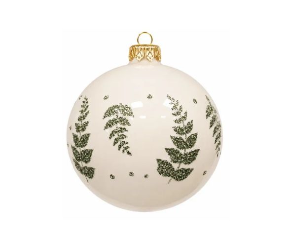 Décoration Noël boule en verre crème brillante motif fougères pailletées vertes Ø8cm