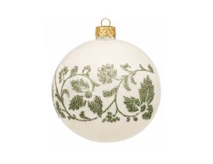 Décoration Noël boule en verre crème brillante motif floral fleurs feuillages pailletés verts Ø8cm
