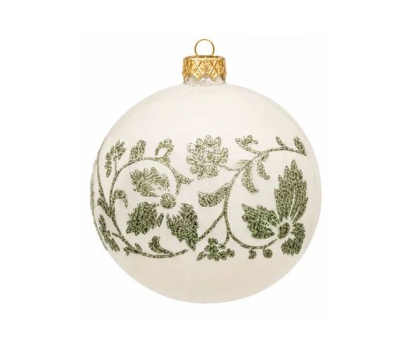 Décoration Noël boule en verre crème brillante motif floral fleurs feuillages pailletés verts Ø8cm