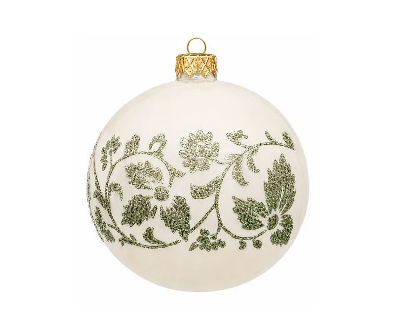 Décoration Noël boule en verre crème brillante motif floral fleurs feuillages pailletés verts Ø8cm