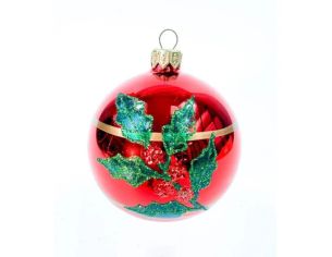 Décoration Noël boule en verre rouge brillante motif houx feuilles vertes baies rouges ruban doré Ø8cm