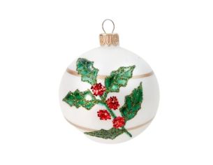 Décoration Noël boule en verre blanche mate motif houx feuilles vertes baies rouges ruban doré Ø8cm
