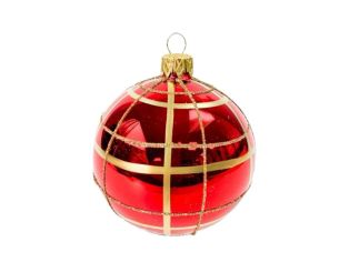Décoration Noël boule en verre rouge brillante motif quadrillage doré pailleté Ø8cm