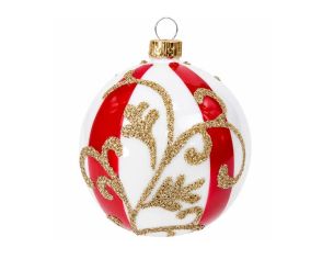 Décoration Noël boule en verre rayures rouges blanches motif arabesque dorée pailletée Ø10cm