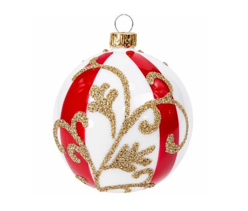 Décoration Noël boule en verre rayures rouges blanches motif arabesque dorée pailletée Ø10cm