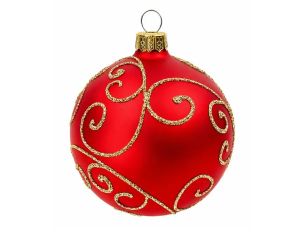 Décoration Noël boule en verre rouge mate motif arabesque dorée pailletée Ø10cm