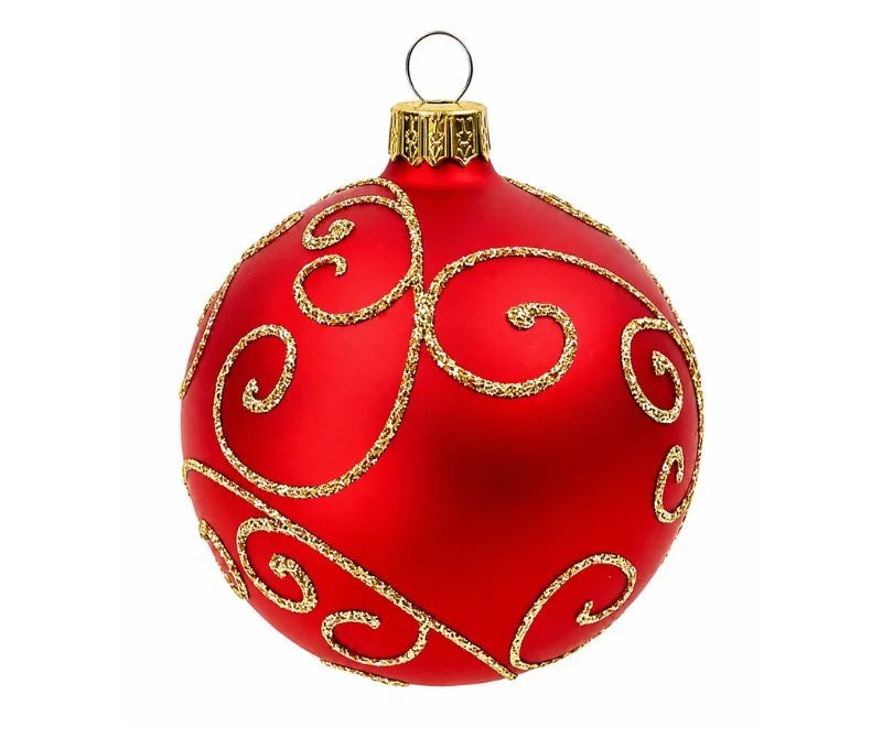 Décoration Noël boule en verre rouge mate motif arabesque dorée pailletée Ø10cm