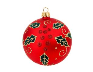 Décoration Noël boule en verre rouge mate motif houx feuilles vertes baies rouges Ø10cm