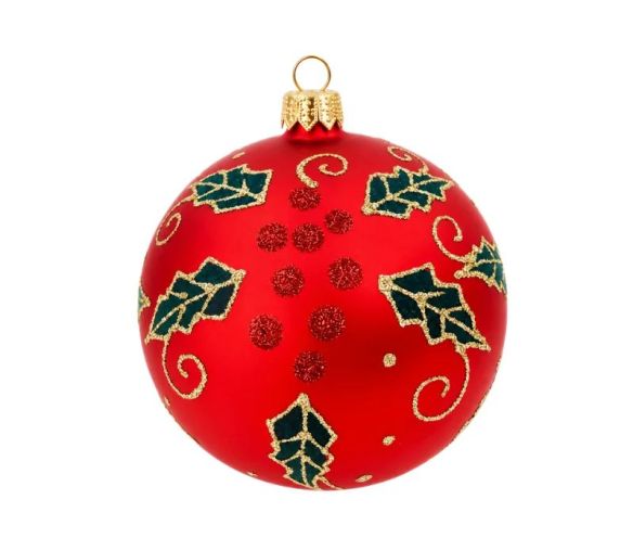 Décoration Noël boule en verre rouge mate motif houx feuilles vertes baies rouges Ø10cm