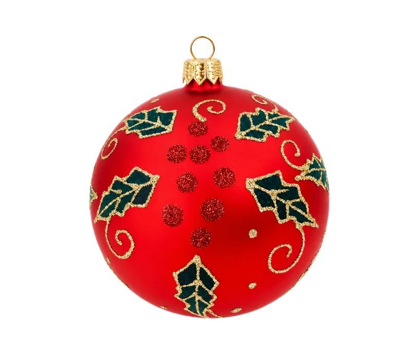 Décoration Noël boule en verre rouge mate motif houx feuilles vertes baies rouges Ø10cm