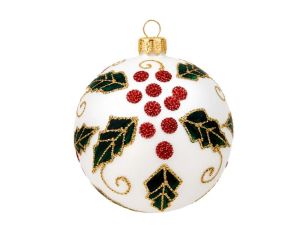 Décoration Noël boule en verre blanche mate motif houx feuilles vertes baies rouges Ø10cm