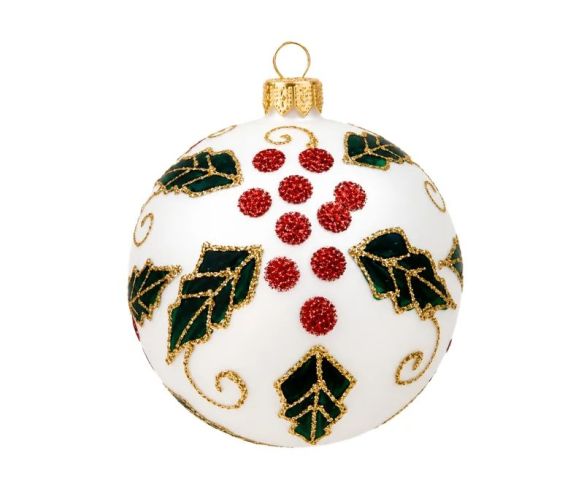 Décoration Noël boule en verre blanche mate motif houx feuilles vertes baies rouges Ø10cm
