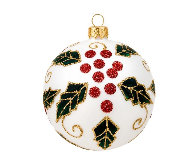 Décoration Noël boule en verre blanche mate motif houx feuilles vertes baies rouges Ø10cm