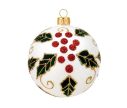 Voir la slide Décoration Noël boule en verre blanche mate motif houx feuilles vertes baies rouges Ø10cm