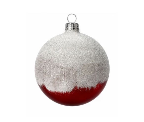 Décoration Noël boule en verre rouge brillant effet neige argentée pailletée Ø8cm