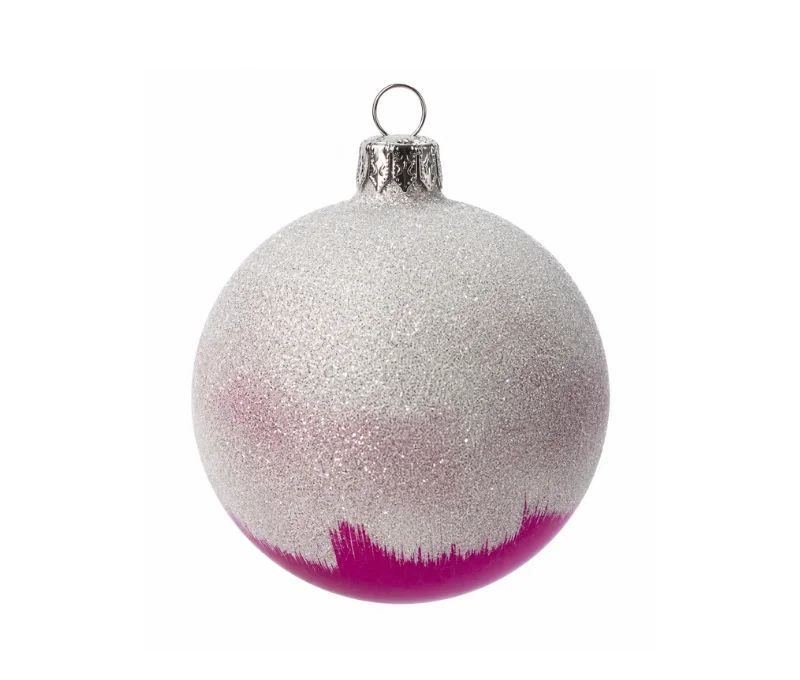 Décoration Noël boule en verre rose brillant effet neige argentée pailletée Ø8cm