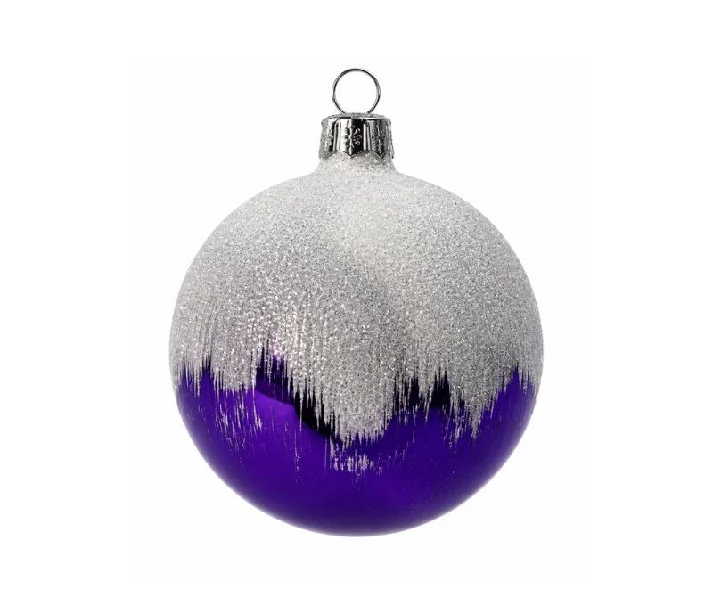 Décoration Noël boule en verre violet brillant effet neige blanche pailletée Ø8cm