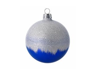 Décoration Noël boule en verre bleu brillant effet neige blanc pailletée Ø8cm