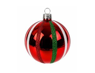 Décoration Noël boule en verre rouge brillante rayures blanche verte pailletées Ø8cm