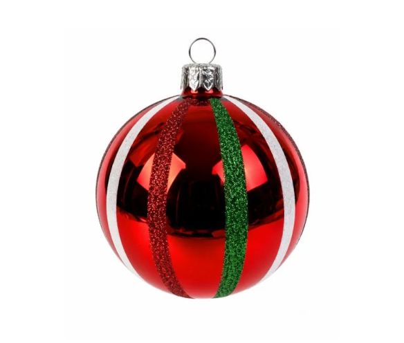 Décoration Noël boule en verre rouge brillante rayures blanche verte pailletées Ø8cm
