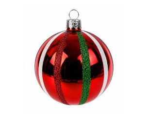 Décoration Noël boule en verre rouge brillante rayures blanche verte pailletées Ø10cm