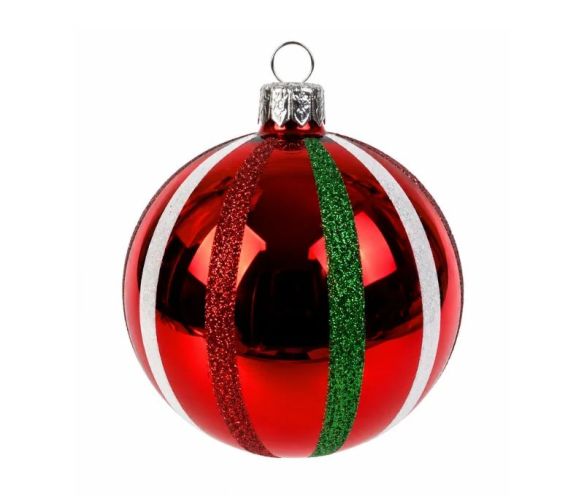 Décoration Noël boule en verre rouge brillante rayures blanche verte pailletées Ø10cm