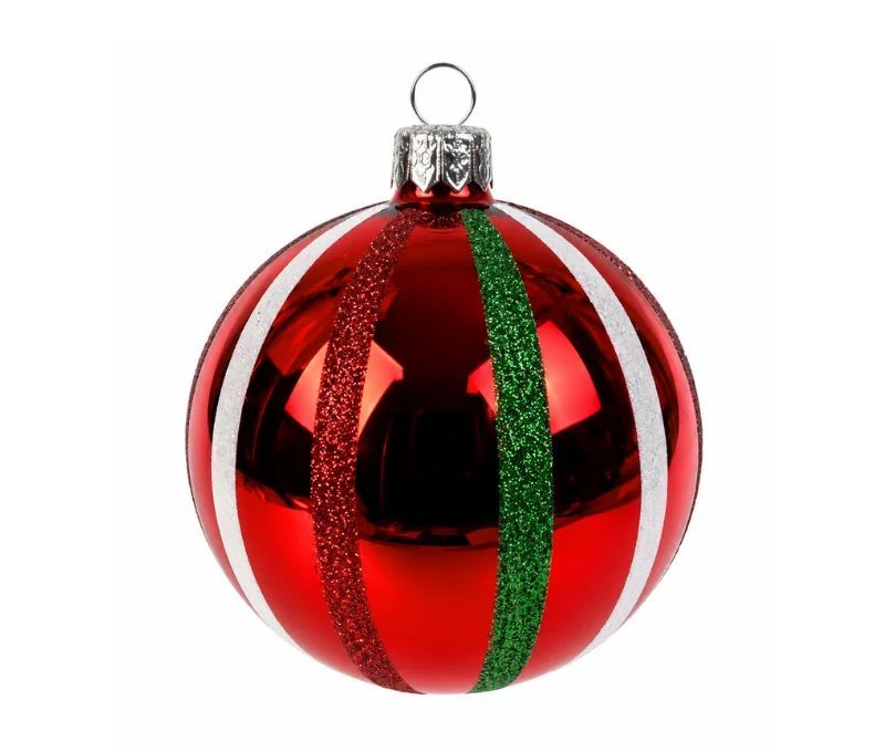 Décoration Noël boule en verre rouge brillante rayures blanche verte pailletées Ø10cm