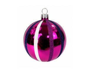 Décoration Noël boule en verre rose brillante rayures blanche bleu marine pailletées Ø8cm