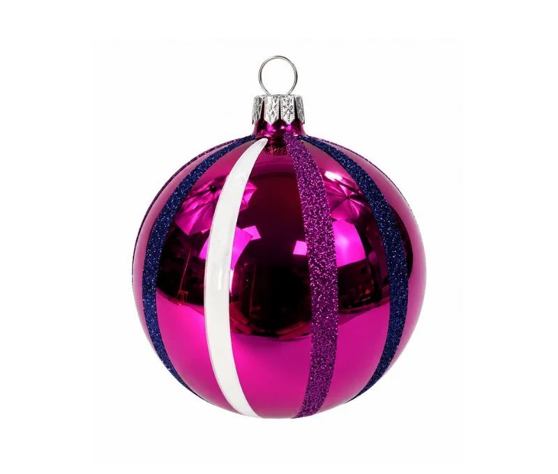 Décoration Noël boule en verre rose brillante rayures blanche bleu marine pailletées Ø8cm