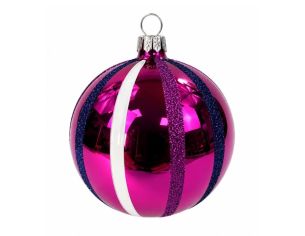 Décoration Noël boule en verre rose brillante rayures blanche bleu marine pailletées Ø10cm