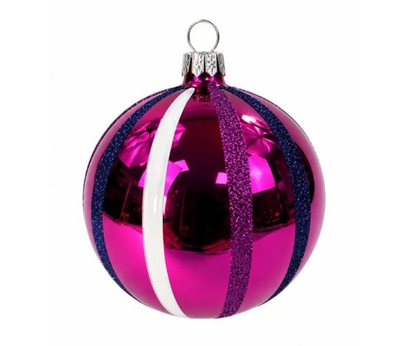 Décoration Noël boule en verre rose brillante rayures blanche bleu marine pailletées Ø10cm