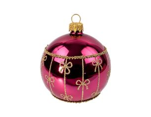 Décoration Noël boule en verre fuchsia brillante motif nœuds perles dorées Ø8cm