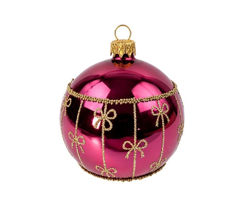 Décoration Noël boule en verre fuchsia brillante motif nœuds perles dorées Ø8cm
