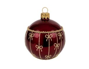 Décoration Noël boule en verre bordeaux brillante motif nœuds perles dorées Ø8cm