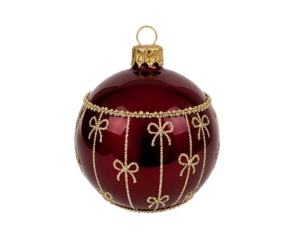 Décoration Noël boule en verre bordeaux brillante motif nœuds perles dorées Ø8cm