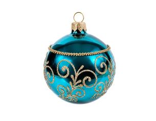 Décoration Noël boule en verre turquoise brillante motif arabesque dorée Ø8cm